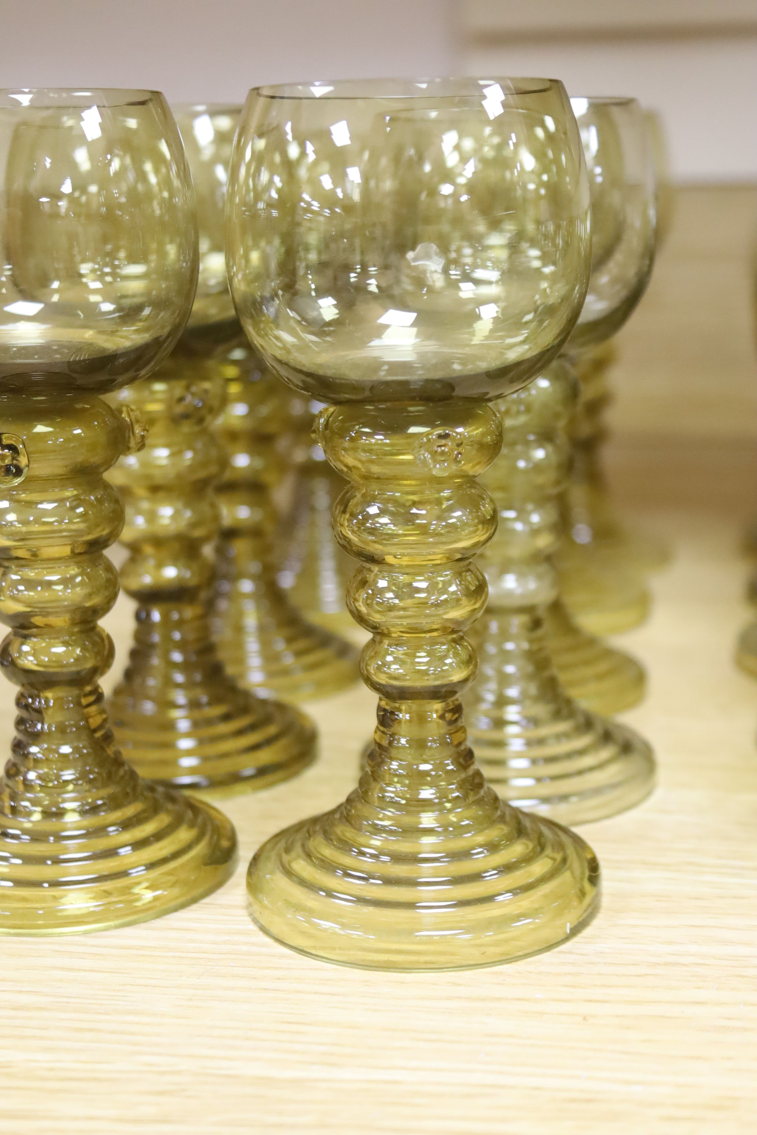 A large collection of roemer and humpen type drinking glasses